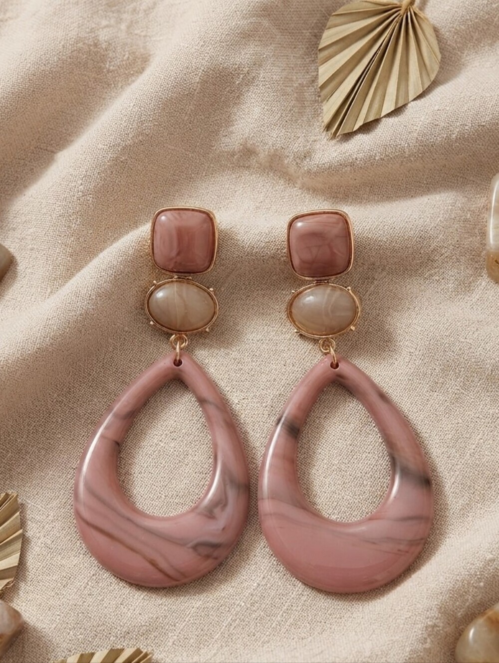 Gold-Trim Pink Marble Teardrop Drop Earrings - Women Jewelry